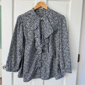 Women’s Gray Button Down Blouse Navy Blue Floral and Ruffle Placket Size L